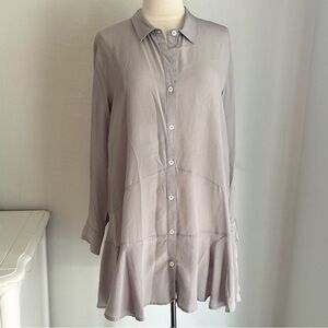 TYLHO 100% Silk Collared Button Down Tunic Shirt, Pale Gray Sheer, Size Large